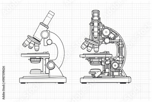Technical blueprint line drawing of two compound microscopes in side elevation: one simplified external profile and one detailed sectional view revealing optics and mechanics