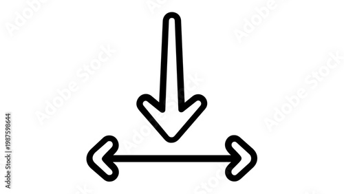Minimalist black line vector icon illustration of a downward arrow pointing to a horizontal double-headed arrow, representing movement, resizing, or drag and drop UI functionality for web design.