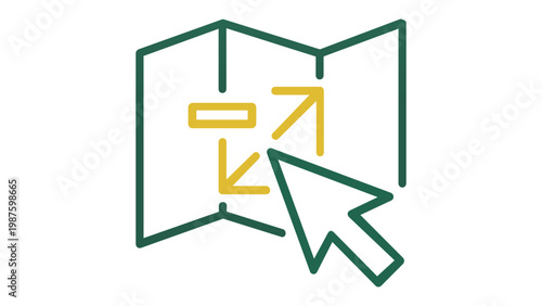 Vector illustration of a digital map navigation icon featuring a folded map with directional arrows and a mouse cursor pointer, perfect for travel apps, GPS interfaces, and website design.