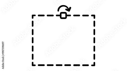 Minimalist vector icon illustration of a rotation cursor tool featuring a dashed rectangular selection frame with a top handle and curved arrow, perfect for graphic design and UI editing apps.