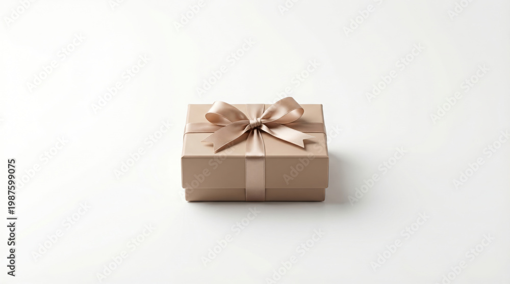 Obraz premium Elegant tan gift box with silk ribbon and bow on white background.