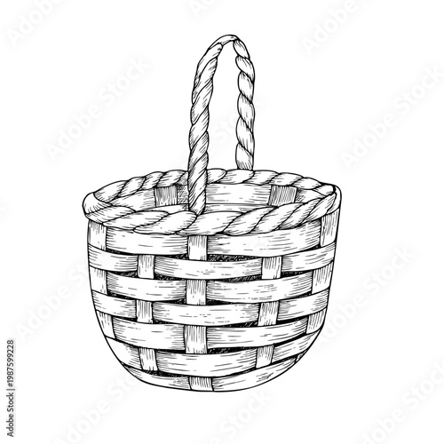 Vector wicker basket, graphic hand drawn isolated illustration. Rustic farmhouse style perfect for harvest, storage, or kitchen decor themes. Vintage container ideal for cottage, boho, or autumn