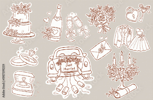 A charming hand-drawn illustration set featuring wedding-themed elements for invitations, greeting cards, stickers, scrapbooking, and wedding-related design projects.