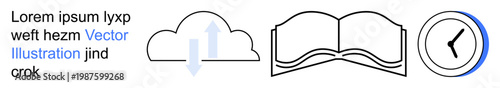 Cloud storage, data backup, education, time management, digital access, information sharing. Minimalist icons show cloud with arrows, book and clock. Cloud storage and education concept