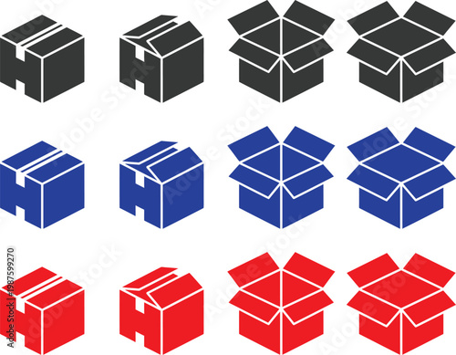 Delivery box icon set. Shipping, unboxing, parcel. Box symbols on white background