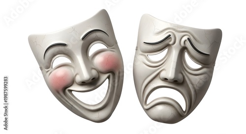 3d render comedy tragedy theater masks isolated on white background
