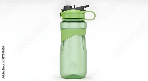 Green plastic water bottle with handle and spout isolated on white