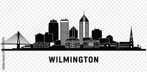 Black silhouette of wilmington city skyline with bridge and buildings