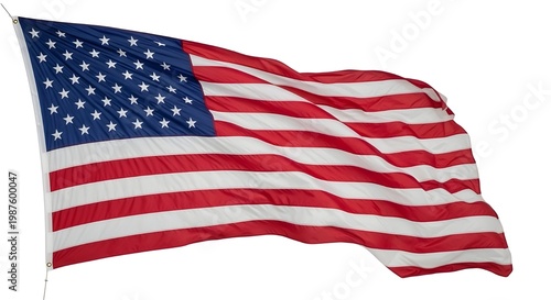 American flag waving isolated on white background with vibrant stars and stripes