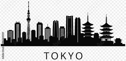 Black silhouette of tokyo city skyline with pagodas and skyscrapers