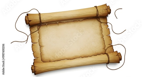 Blank bamboo scroll with natural rope isolated on white background