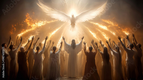 Pentecost Day - Holy Spirit emitting flame upon believers, apostles - HD [16:9] - Desktop Wallpaper Format