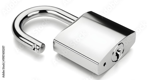 modern stainless steel padlock with key isolated on white background