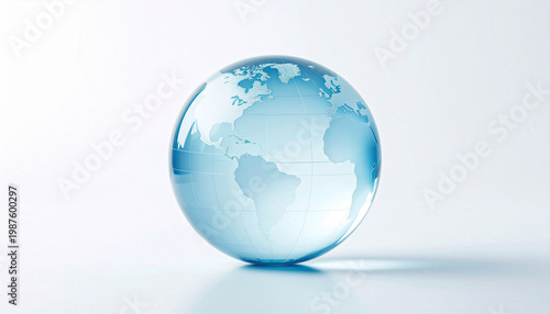 transparent blue crystal globe with world map, isolated on soft light background, realistic refraction and reflection, smooth glossy surface, high clarity, minimal clean design, global business and te