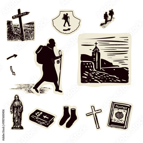 Pilgrims way monk pilgrim figure with passport, bible, shell church motif set. Black and white simple symbol icon clipart. For Jesuit saint Camino, Canterbury , Rome European travel route. 