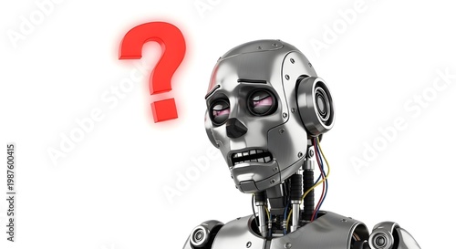 3d robot with red question mark symbolizing confusion or problem solving isolated on white