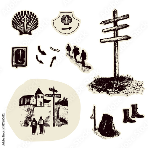 Clipart set pilgrim figures with rucksack, marian shell, staff stick. Church sanctuary for Canterbury pilgrims way or European Camino religious pilgrimage walk. Christian walkers vector icon motif