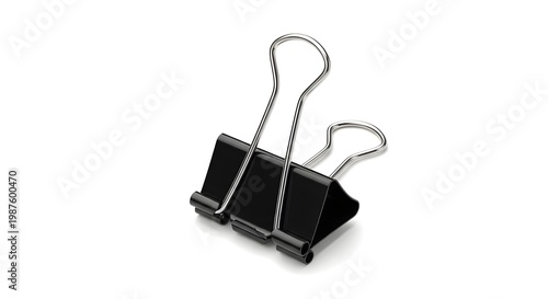 Black metal paper clip holding empty space isolated on white background