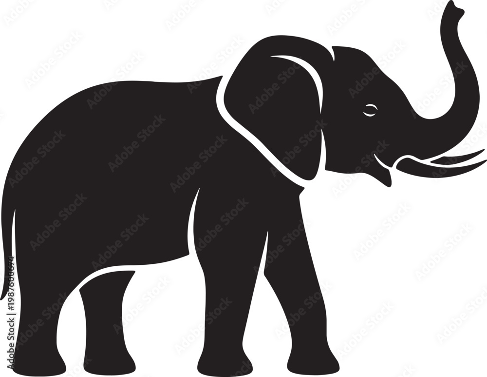 Fototapeta premium Elephant silhouette with trunk up icon wild african animal profile isolated on transparent background for nature safari and wildlife conservation design.