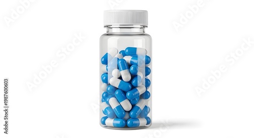3D medical pill capsule filled with blue and white medication tablets isolated on white