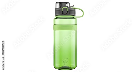 Transparent green water bottle with carabiner isolated on white background