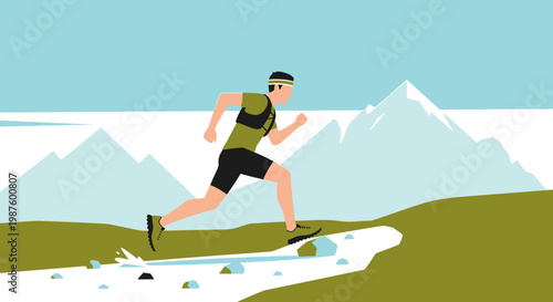 Man running trail marathon in mountains, overcoming obstacles, active lifestyle