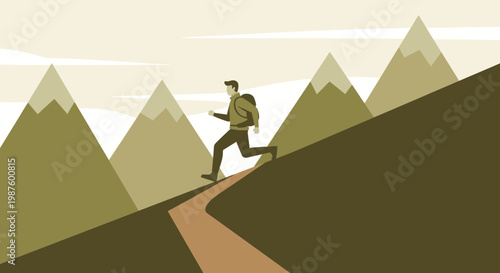 Man running up mountain path with backpack, hiking adventure, scenic landscape