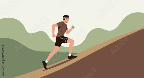 Man running uphill on a grassy slope with rolling hills in the background