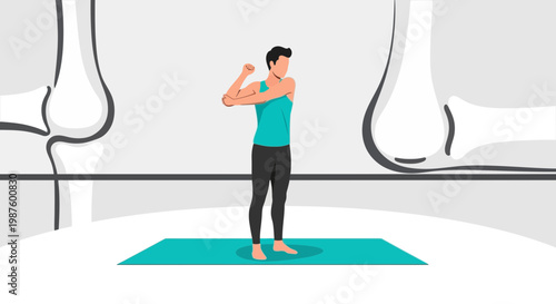 Man stretching arm and shoulder on yoga mat with elbow joint illustration