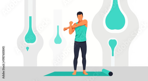 Man stretching arm on yoga mat, abstract health background