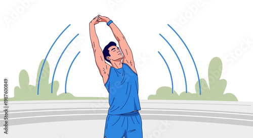 Man stretching arms overhead outdoors, healthy lifestyle, fitness and exercise concept