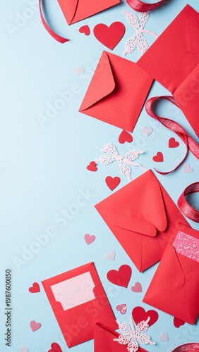 Red envelopes scattered on pastel blue background. Heart-shaped cutouts add festive charm. Ribbons twist between envelopes and hearts. Perfect for romantic, celebratory, or gift-themed designs