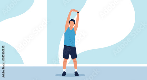 Man stretching arms overhead, side bend exercise, fitness and wellness