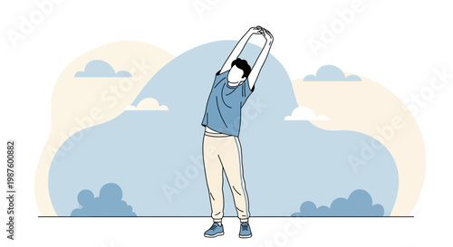 Man stretching outdoors with abstract clouds and sky background
