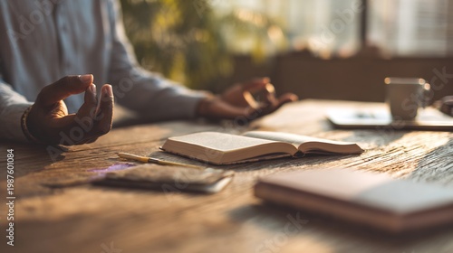 Close-up of hands in meditative pose alongside open notebook, pen, and coffee cup, representing mindful work habits and a balanced approach to productivity.