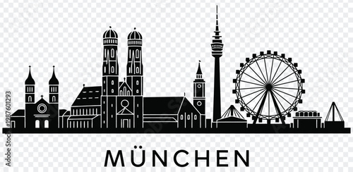Black silhouette of munchen city skyline with famous landmarks and ferris wheel