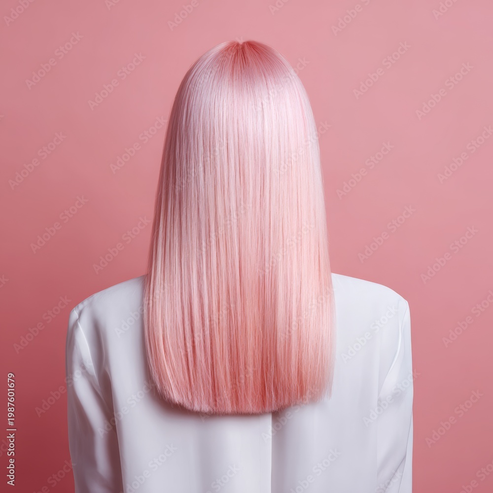Naklejka premium Woman standing with her back to the camera, showcasing sleek, straight, long pink hair with an elegant blunt cut, highlighting modern beauty and hair care