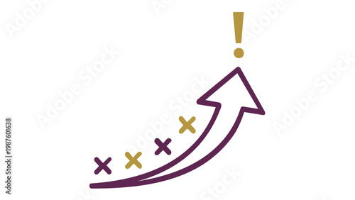Minimalist business growth strategy vector illustration featuring a curved upward arrow with progress markers and an exclamation point, symbolizing success, achievement, and goal tracking.