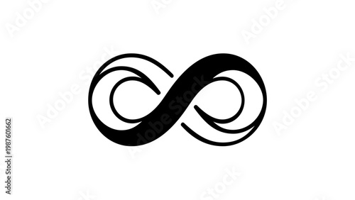 Stylized black infinity symbol vector icon illustration with elegant calligraphic curves and wave-like details, representing eternity, endless loop, and mathematical concept of infinity.