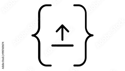 Minimalist black line vector icon illustration of a mathematical factorial or programming symbol featuring curly braces and an upload arrow, perfect for coding, math, science, and tech designs.