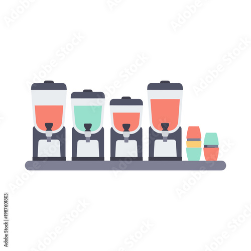 Four beverage dispensers with colorful drinks and cups, isolated on white.