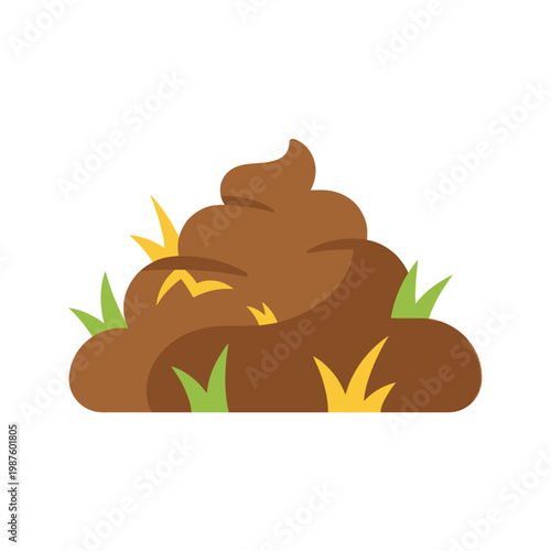 Brown poop emoji with green grass and yellow accents on white background