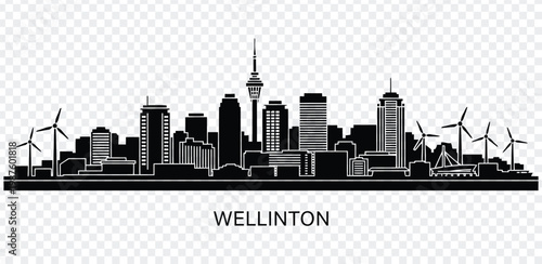 Black and white silhouette of wellington city skyline with wind turbines