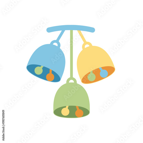 Colorful hanging wind chimes with pastel bells and wooden clappers on white background