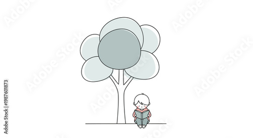 Child sitting under a tree alone.