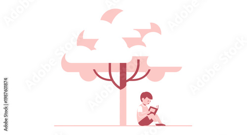 Child Sitting Under a Tree Reading.