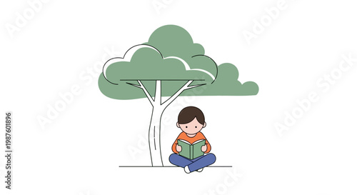 Child Reading Book Sitting Outdoors.