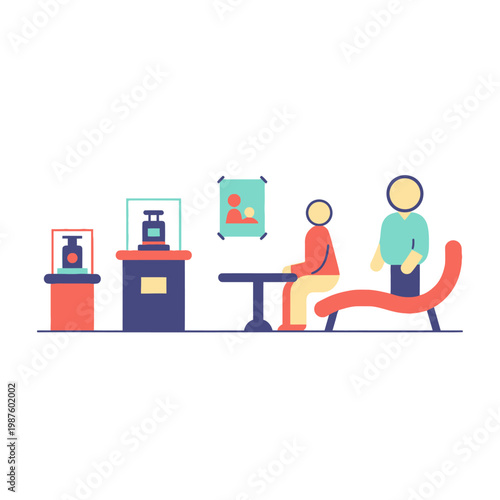 People visiting museum exhibition with display cases and artwork