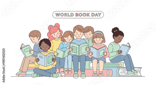 Diverse group of children reading books.