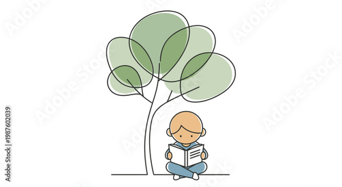 Boy sitting reading book outside.